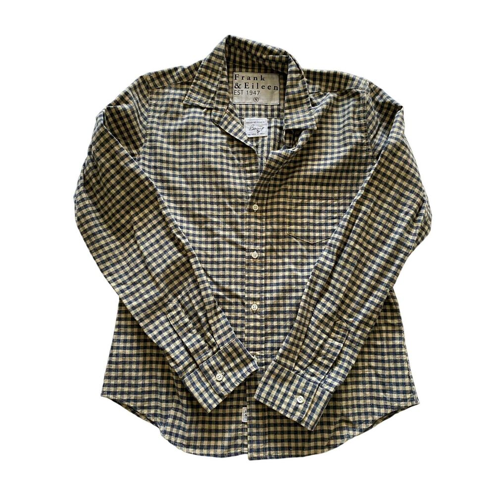 Frank & Eileen Barry Navy Blue and Cream Gingham Woven Button Up Blouse size S